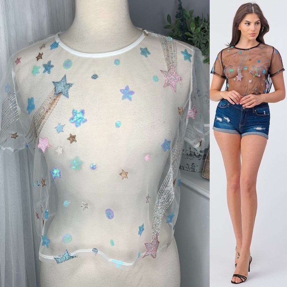 Sheer Mesh Star 💫 Embroidered Crop Top